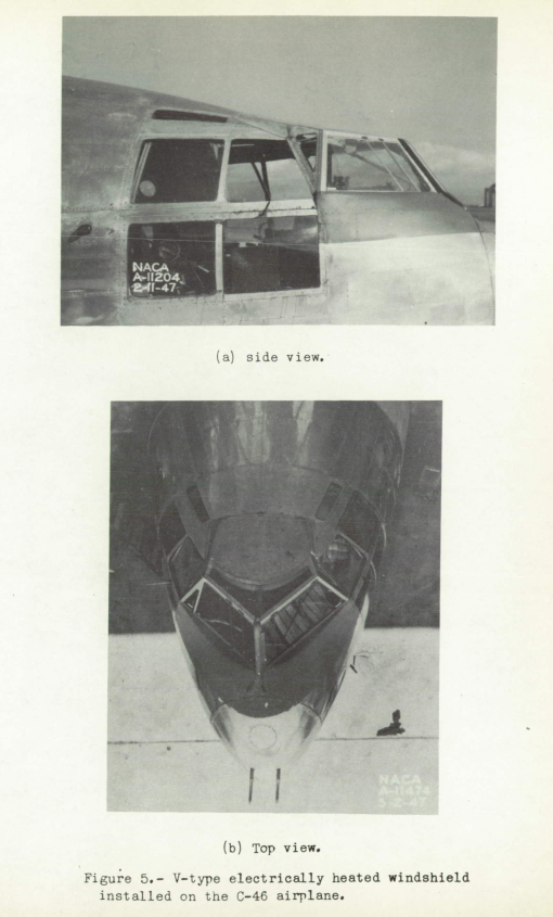 Figure 5. V-type electrically heated windshield
installed on the C-46 airplane.
The V-type windshield is placed over the regular, curved windows.